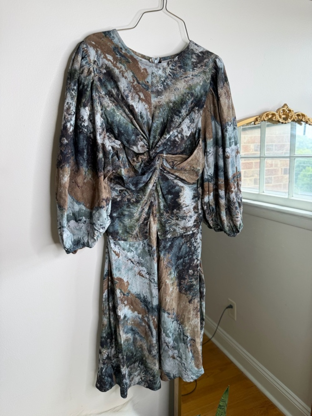 Women’s Twist-Front Marble Print Dress in Brown & Blue